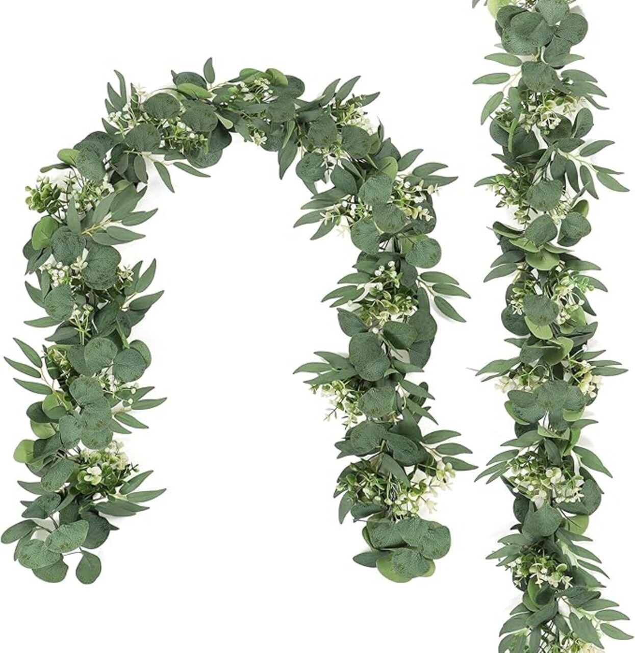 5.9FT Eucalyptus Garland Artificial Vines Fake Greenery Garland with Gypsophila and Willow Leaves Faux Hanging Plants for Wedding Home Party Table Wall Decor (2pcs)